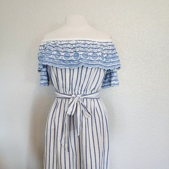 Baby Blue Embroidered Striped Maxi Dress - Picture 3 of 11